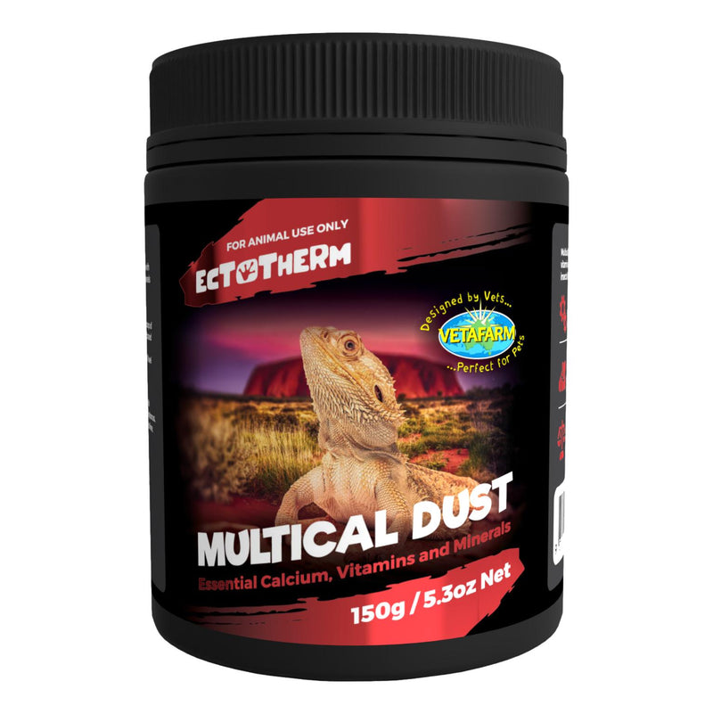 Vetafarm's multical dust provides essential calcium, vitamins, and minerals to reptiles. Sold at Livi Pet Products in the USA