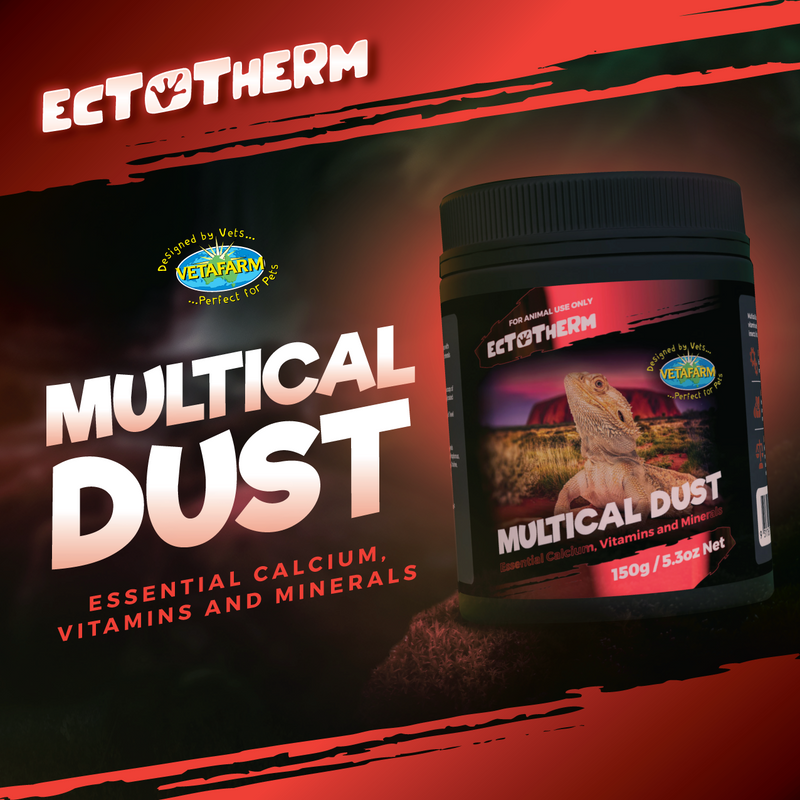 Multical Dust - Calcium, Vitamins and minerals for reptiles and amphibians. Livi Pet Products.